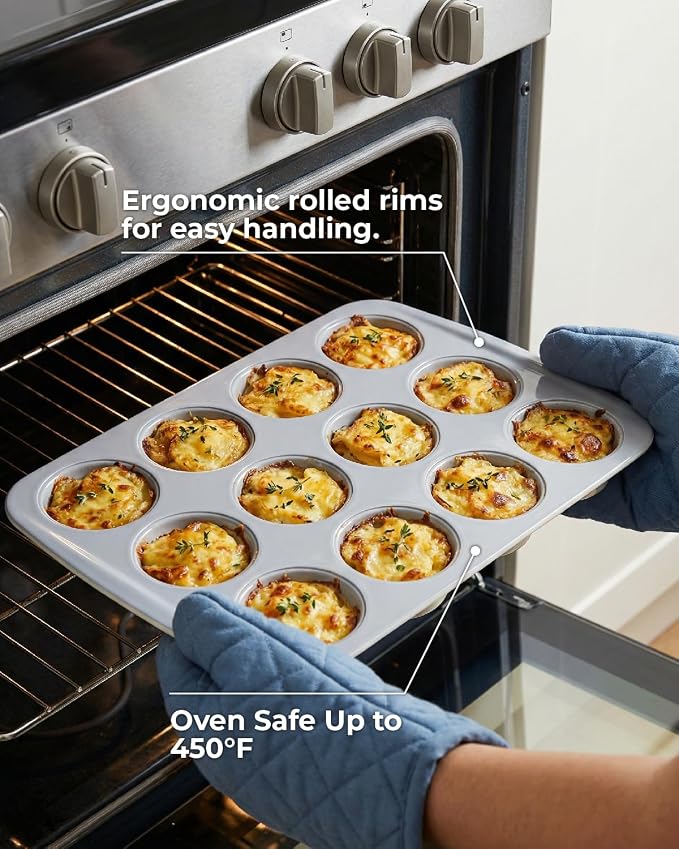 CARTMAN Ceramic Muffin Pan 12 Cup with 200 Cupcake Liners, Non-Stick & Non-Toxic Baking Tin for Healthy Muffins and Cupcakes, Perfect for Home Kitchens and Parties