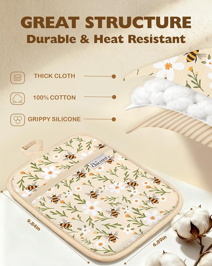 100% Thick Cotton Pot Holders Ribbed Soft Silicone Bee Flower | Stylish Pot Holders with Pockets, Ribbed Soft Silicone, Machine Washable Non-Slip Heat Resistant Hot Pads 2pcs, Kitchen Gift