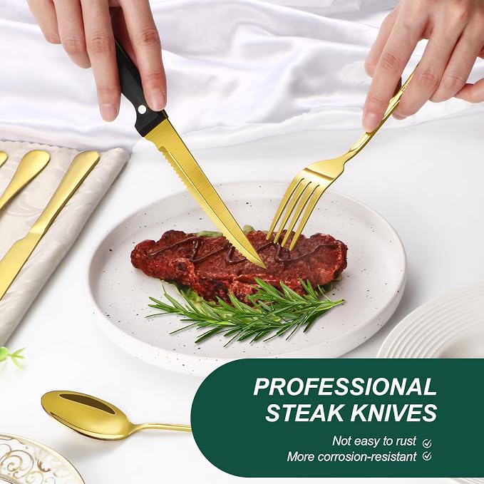 24-Piece Gold Silverware Set with Steak Knives Black Stainless Steel Flatware Set for 4 Food Grade Tableware Cutlery Set Rust-proof, Mirror Polished, Dishwasher Safe