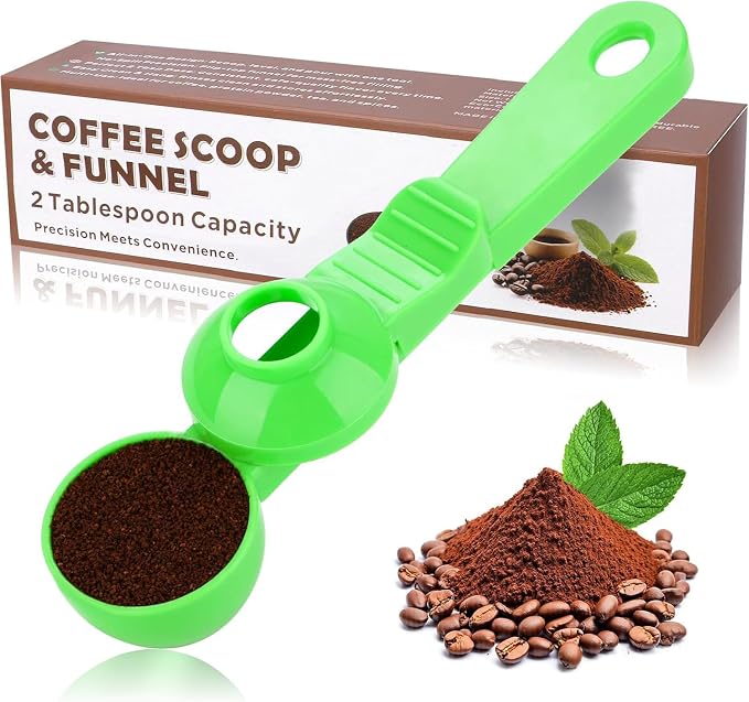 2-in-1 Coffee Scoop with Funnel, 2 Tbsp Measuring Spoon for Reusable K Cups, Ground Coffee, Protein Powder & Tea, Mess-Free Plastic Design（Green-1pack）