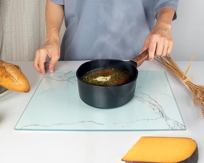 Glass Cutting Board 16"x12": Tempered Glass Kitchen Counter Protector - Durable- Scratch-Resistant, Heat-Proof - Design 2 - White Marble Effect