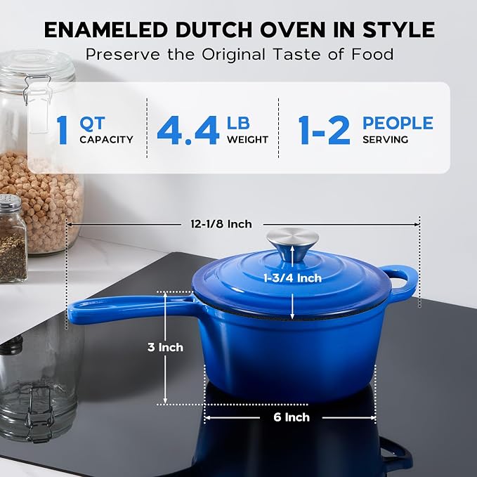 Onader 1 Quart Saucepan, Enameled Cast Iron Sauce Pan Pot, Small Kitchen Pot for Cooking with Lid, Enamel Dutch Oven Nonstick – Deep Blue
