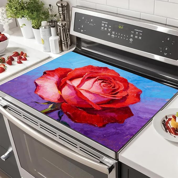 HOMETITUTE Spring Stove Top Covers for Electric Stove 28x20 Inches Red Rose Oil Painting Heat Resistant Glass Cooktop Protector Pad Decorative Stovetop Cover for Kitchen Coffee Bar Decor