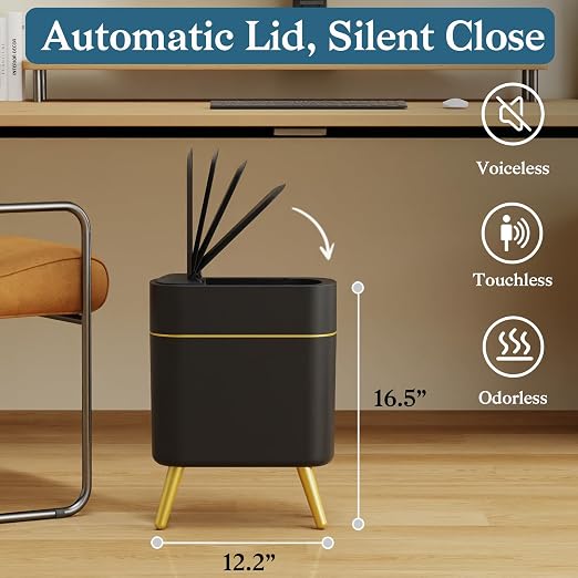 LALASTAR Automatic Bathroom Trash Can with Lid, Motion Sensor Bathroom Garbage Can for Toilet, Slim Smart Waste Basket for Kitchen, Living Room, 2.5 Gallon, Black
