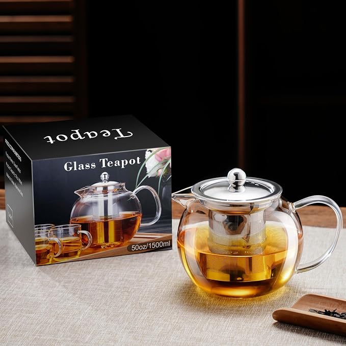 PARACITY Glass Teapot for Stovetop, 50 oz Clear Tea Kettle with Infuser | Removable 18/8 stainless steel strainer brews loose leaf, herbal and blooming teas; borosilicate body suits microwave use