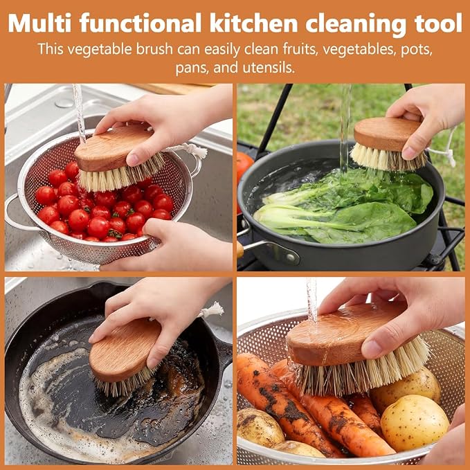 2 Pack Vegetable & Fruit Cleaning Brush Set, Dual Bristle Veggie Brush Potato Scrubber with Hanging Rope & Hooks, Kitchen Vegetable Scrubber for Carrots Fruits Foods(Wood)