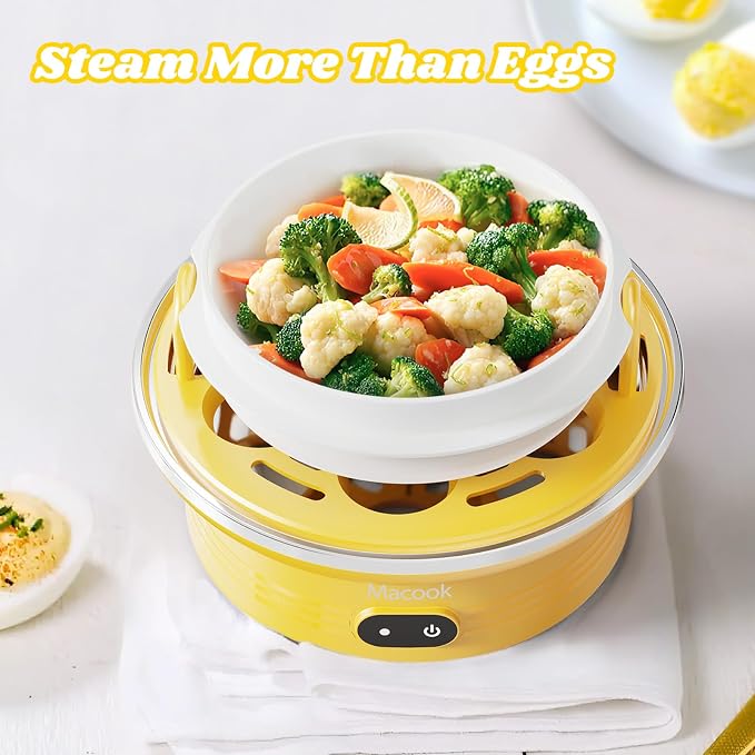 Macook Easter Rapid Egg Cooker with Touchscreen – 7-Egg Capacity, Soft/Medium/Hard-Boiled, Auto Shut-Off, BPA-Free & Dishwasher-Safe Parts, Measuring Cup Included (Yellow)