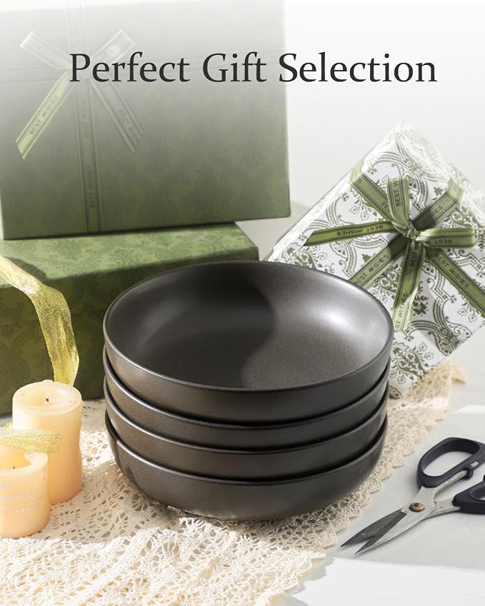 Ceramic Pasta Bowls, 34 oz Large Serving Bowls Set of 2, Stoneware Dinner Bowls for Pasta, Soup, Salad, Deep Pasta Plates for Housewarming Gift, Microwave & Dishwasher Safe, Matte Black