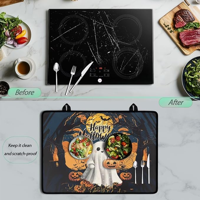 Electric Stove Top Cover 29.18 x 20.96 inch Coffee Machine Mat Halloween Decor Thick Induction Glass Cooktop Protector with Lanyards Range Covers, Cartoon Ghost Pumpkin Happy Halloween Print