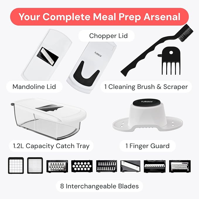 Fullstar Pro Original Vegetable Chopper & Mandoline Slicer Kitchen Gadget | 8 in 1 Veggie Slicer, Onion & Fruit Cutter with Sharp Stainless Steel Blades & Container, All-in-One Meal Prep Tool (White)