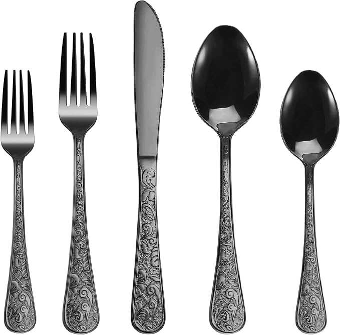 Runfly Vintage Carved Black Stainless Steel 20-Piece Flatware Set | Silverware Set, Modern Embossed Cutlery Set Utensils Kitchen Including Fork Spoon and Knife
