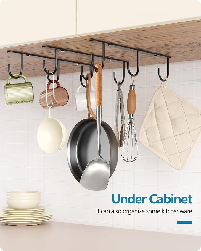 3 Pack Mug Hooks Under Cabinet with 9 Hooks for Displaying Mugs, Black | Coffee Mug Holder for Hanging Under Shelf, Cup Hanger, Coffee Cups and Kitchen Utensils