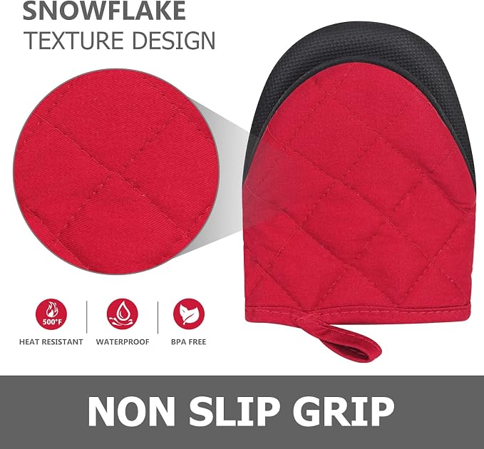 1 Pair Short Oven Mitts - Silicone Kitchen Oven Gloves High Heat Resistant 500℉, Mini Oven Mits with Non-Slip Grip Surfaces and Hanging Loop for BBQ, Baking, Cooking and Grilling (Red)