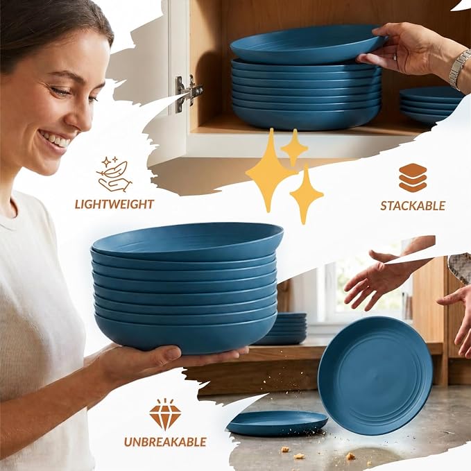 Unbreakable 8 Pcs Deep Dinner Plates Reusable Plastic Wheat Straw Plates Set Lightweight Kitchen Plates for Salad, Lunch, Dessert, Microwave & Dishwasher Safe Plates for Camping (Blue, 9 In)