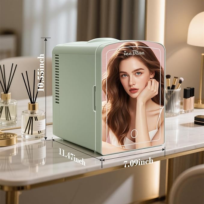 Mini Fridge, 6 Liter /9 Cans Makeup Fridge with Dimmable LED Mirror - Green | Compact Mini Skincare Fridge for Beauty & Beverages, Dual-use Portable Tiny Fridge for Bedroom, Desk, Office, Home, Car, Gift