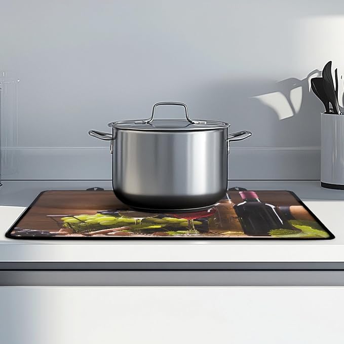 Red White Wine Stove Top Covers for Electric Stove Retro Fruit Grapes Wooden Board Glass Top Gas Stove Pad Heat Resistant Range Cooktop Mat for Kitchen 28"x20"
