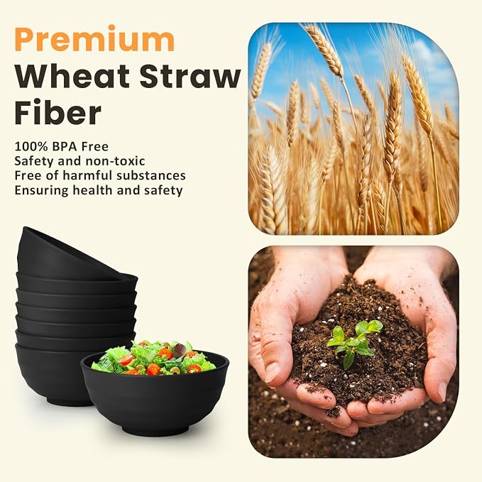 Unbreakable Big Bowl Set of 8: Alternative to Large Plastic Bowls - 60oz Wheat Straw Bowls for Salad, Soup & Cereal, Microwave & Dishwasher Safe for Everyday Use & Picnics - Black