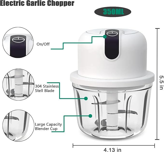White 3 CUP Electric mini garlic crusher, USB rechargeable portable electric food crusher, wireless small kitchen processor for crushing garlic, ginger, chili, minced meat, onions, etc.