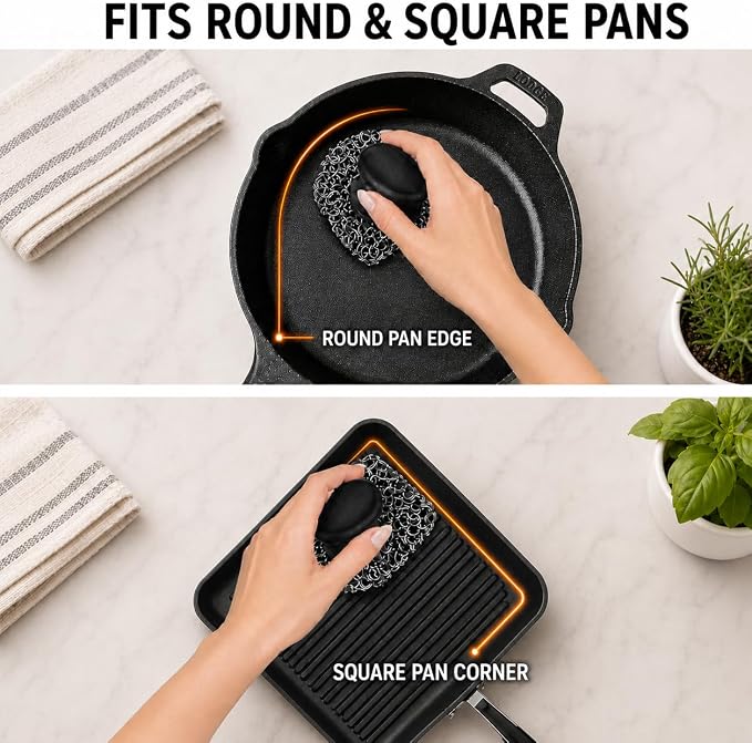 Cast Iron Scrubber and Scraper | 316 Chainmail Scrubber for Cast Iron Pan | Chain Mail Scrubber for Cast Iron Skillet Cleaner | Dishes Pots Wok Griddle Grill | Dish Scouring Pad Dishwasher Safe, Black2