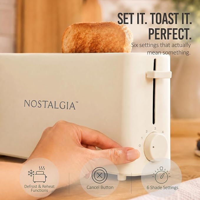 Nostalgia Slim 2-Slice Toaster – Wide Slot – Space-Saving Design – Adjustable Browning Dial – 10-inch Long Slot Fits 2 Slices of Bread or Bagel Halves – Drop-down Crumb Tray – Oatmeal