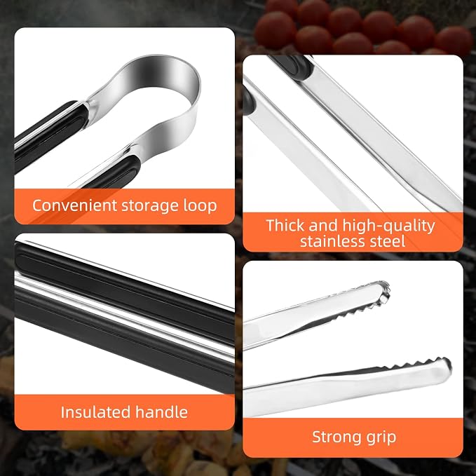 4 Pack Kitchen Tongs for Cooking,XEVOM Stainless Steel Food Tongs,12 inch | Four 12-inch Metal Food Tongs with Non-Slip ABS handle Grip for Korean BBQ, cooking, grilling, buffet, and serving