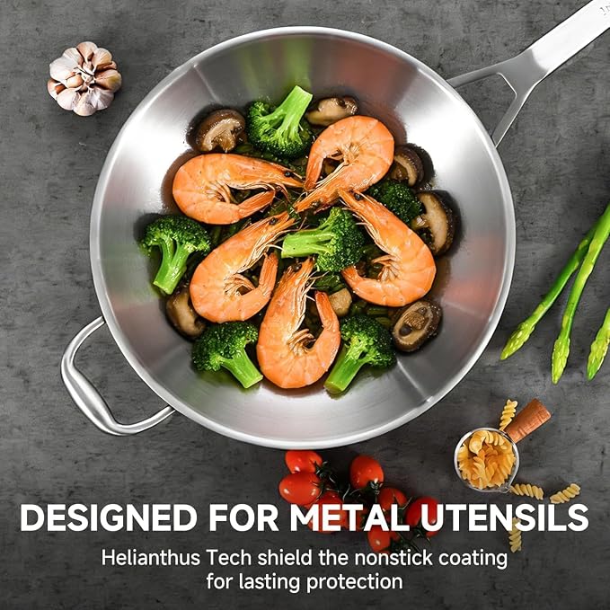 Inqibee 14 Inch Stainless Steel Wok Pan with Lid, Detachable Handle | Uncoated Tri-Ply Stainless Steel Stir Fry Pan, Everyday Cooking Wok for Induction, Flat Bottom, Dishwasher & Oven Safe