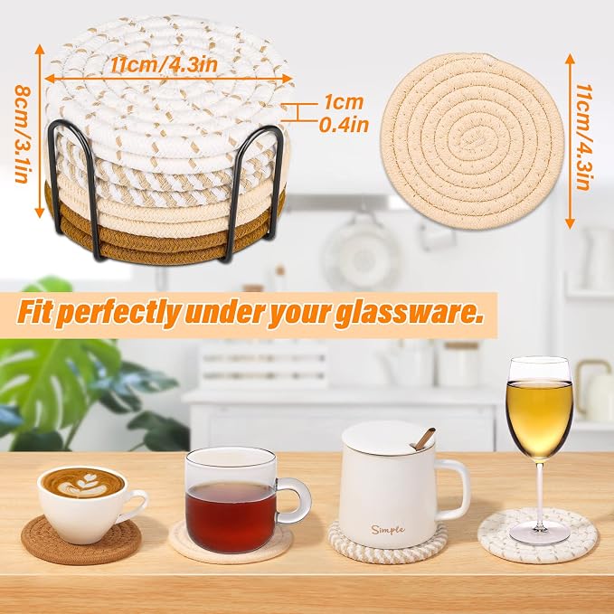 Drink Coasters Set of 8, 4 Colors Absorbent Coasters for Drinks, Minimalist Cotton Woven Coaster for Living Room Decor, Fall Home Decor, 4.3 Inches