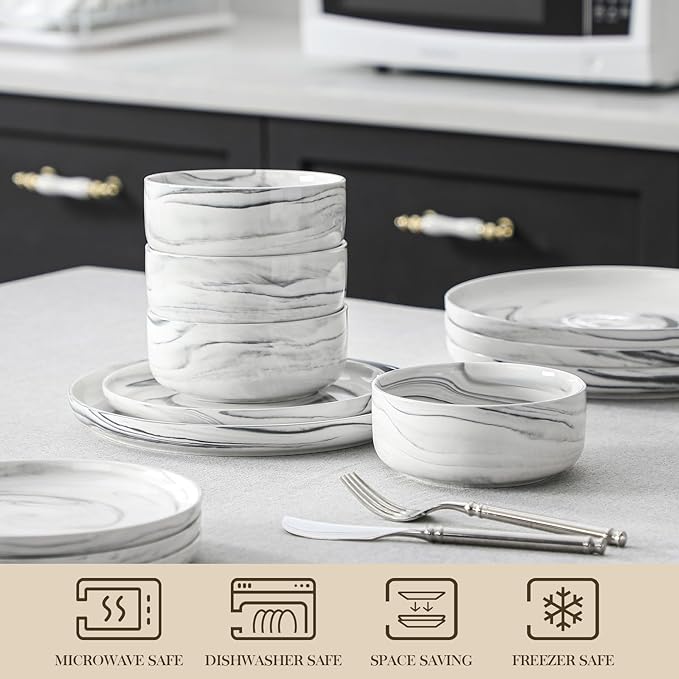MALACASA 12 Pcs Porcelain Plates and Bowls Sets,Dinnerware Set for 4,Grey | Modern Ceramic Dishware Set,Kitchen Dining Ware,Microwave and Dishwasher Safe,Unique Marble Grey Design,Series LUNA