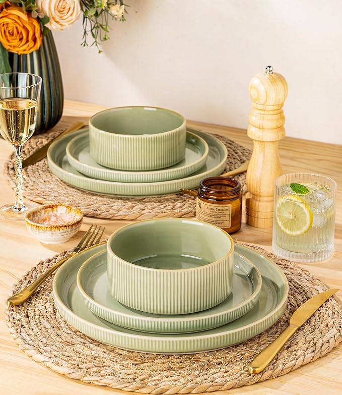 Ceramic Dinnerware Set for 4, 12-Piece Plates and Bowls Set | Lightweight Porcelain Dish Set, Scratch Resistant, Oven & Microwave & Dishwasher Safe, Duck Egg Green