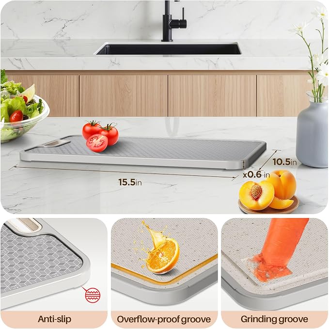 Titanium Cutting Board for kitchen, Dual Sided Food Grade Titanium & Wheat Straw PP, Non Slip Scratch Resistant Easy Clean, 15.5" x 10.5"（1PC）