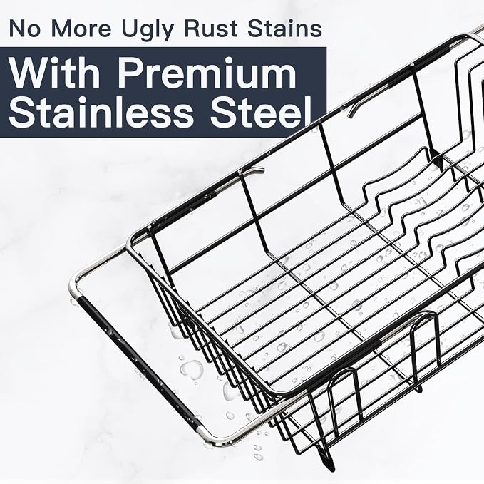 Dish Drying Rack Over The Sink with Utensil Holder, Mat | Expandable Stainless Steel Dish Drainer for Small Kitchen, Apartment, RV, Counter Space Saving, Perfect Fit, Rustproof