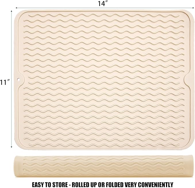 Silicone Dish Drying Mat, Non-Slip Easy Clean Sink Mat, Beige, 14" x 11" | Quick-Dry Ridges, Large Heat-resistant Dish Drainer Mat for Kitchen Counter, Hangable & Roll-Up for Storage, Dishwasher Safe