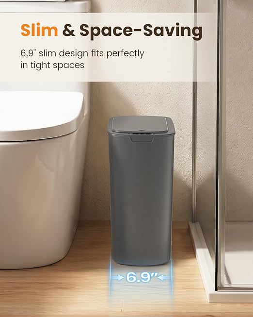 Cesun 5 Gallon Automatic Bathroom Trash Can with Lid, Grey, Touchless | Motion Sensor, Slim, Small Smart Garbage Bin, Plastic, Battery Operated, Manual Button, for Office/RV/Bedroom/Living Room