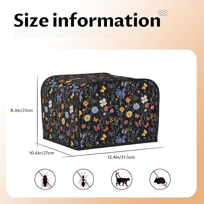 4 Slice Toaster Cover Vintage Botanical Flower Wildflower Dust Proof Washable Kitchen Appliance Cover with Pocket, Oxford Fabric Countertop Toaster Protector for Standard Toasters Small Appliances