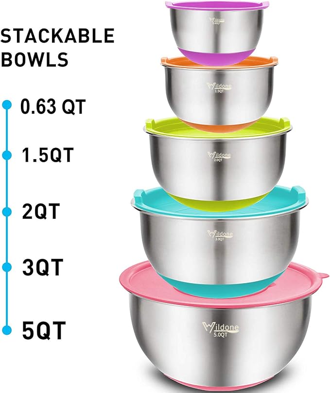 Wildone Mixing Bowls with Airtight Lids Set, 5PCS Stainless Steel Nesting Bowls for Kitchen, with Grater Attachments & Non-Slip Bottoms, Size 5, 3, 2, 1.5, 0.63 QT, for Baking & Serving (Colorful)