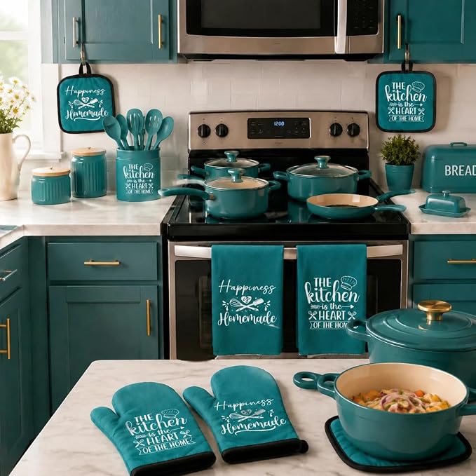 Sratte 6 Pcs Kitchen Decor Accessories Set, Kitchen, Teal | Farmhouse Kitchen Towels Pot Holders Oven Mitts Set 2 Dish Towels 2 Potholders 2 Cooking Mittens for Baking Cooking Supply