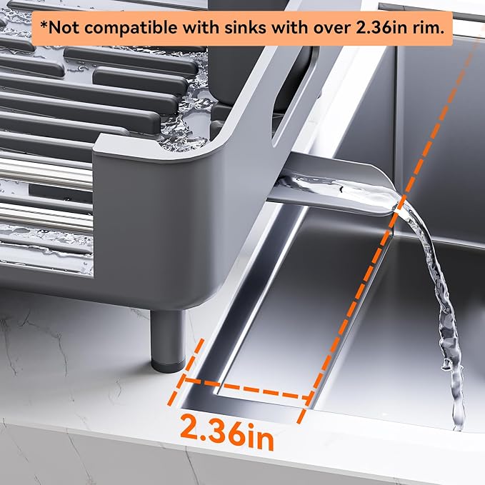 Urackify Extendable Stainless Dish Drying Rack for Kitchen Counter, Gray | 13.78"W x 18.7"L, Foldable Drainboard for Space Saving, Knife and Utensil Holder, Fast-draining Spout