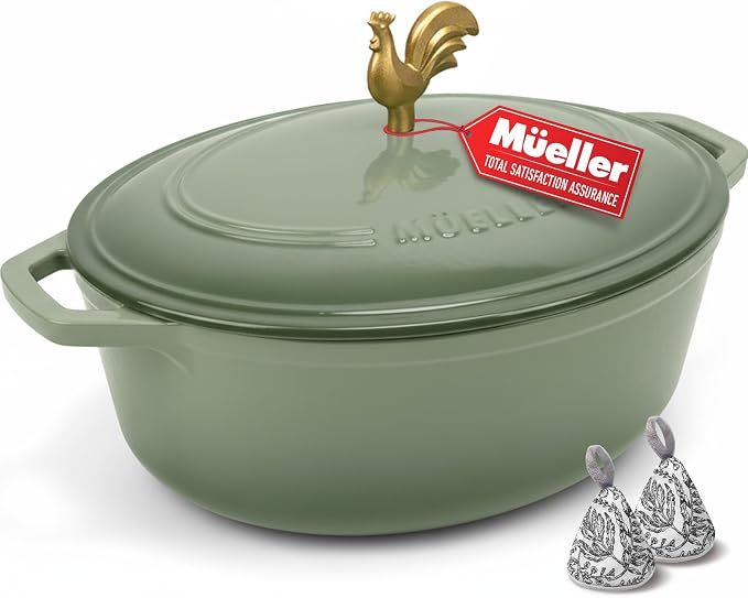 MUELLER HOME 5.5 Quart Enameled Cast Iron Oval Dutch Oven w Rooster Knob & Cotton Potholders, Heavy-Duty Cookware, Oven-Safe up to 500° F & Across All Cooktops, Gifts for Grandma & Women, Thyme Green | w Rooster Knob & Cotton Potholders, Heavy-Duty Coo...