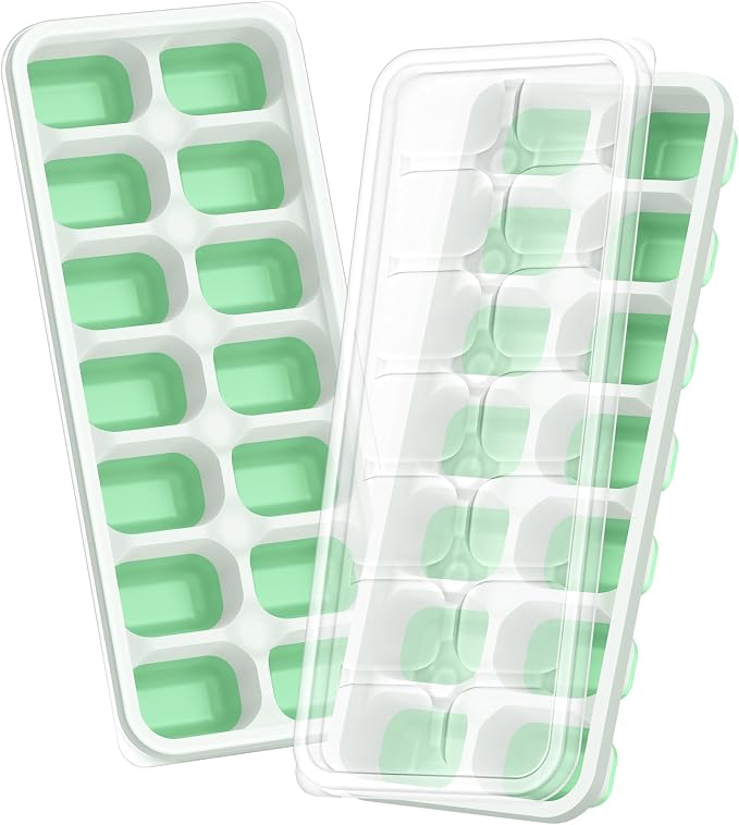 ChefAide Ice Cube Tray with Lid, 2 Packs 28 Cubes Durable Stackable Ice Cube Trays for Freezer with Removable Lids, Easy-Release Plastic & Silicone Ice Tray for Cocktail, Coffee