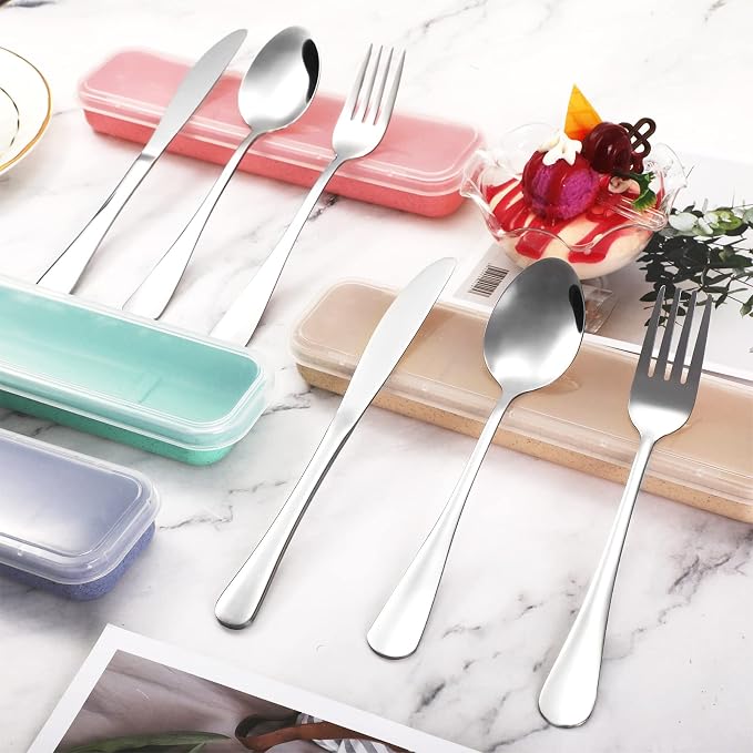 4 Pack Travel Silverware Set with Case for Lunch,Beige | Reusable Utensils with Case, Portable Flatware, Camping Cutlery, Fork Spoon Knife, for Work School, Dishwasher Safe