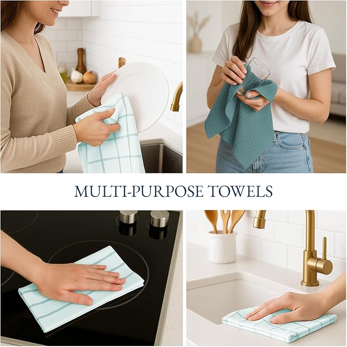 LANE LINEN Kitchen Towels & Dishcloths Set of 12-100% Cotton, Quick-Drying 18” x 28” Absorbent Dish & Tea Towels, Soft Hand Towels for Kitchen - Aqua
