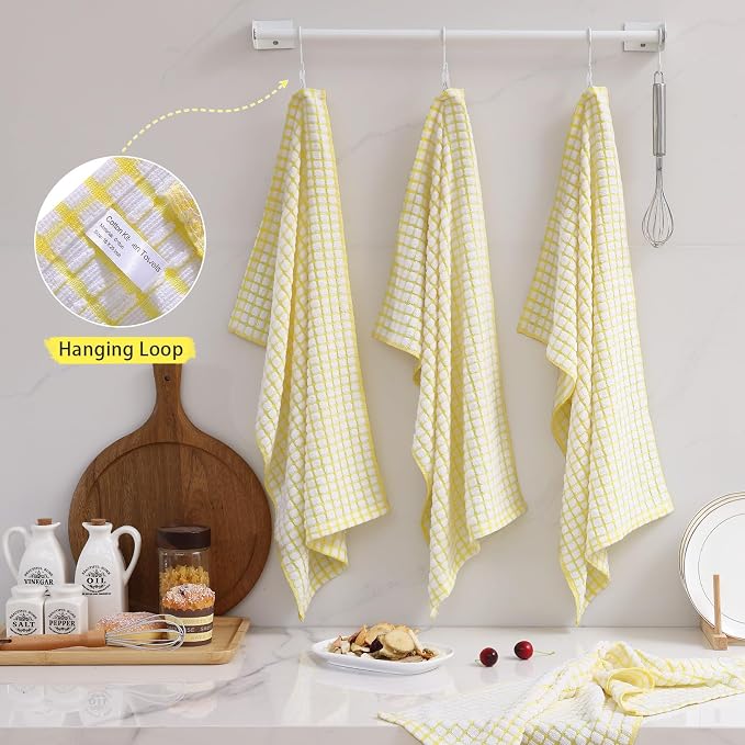 Mordimy Premium Cotton Kitchen Towels 16"x 25", Yellow Check Design, 8 Pack | Super Absorbent Terry Kitchen Hand Towels, Large Natural Ring Spun 360 GSM Dish Towels, Soft Tea Towels with Hanging Loop