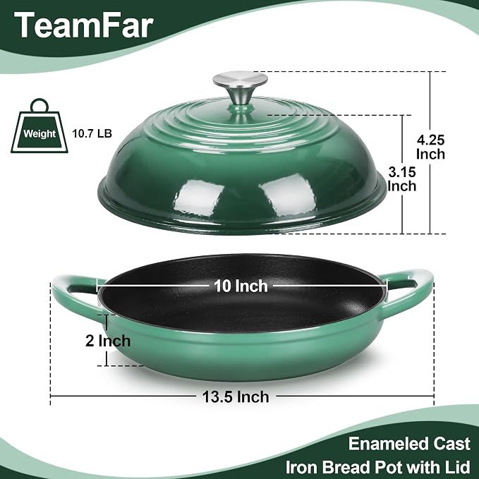 TeamFar Cast Iron Bread Dutch Oven, 6 Qt Enameled Dutch Oven Pot | for Sourdough Bread Baking, Tall Dome Lid & Round Base Pan, Self-Basting & Even-Heating, Heavy-Duty & Non-stick, Dark Green