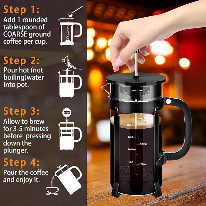 YMMIND French Press Coffee Maker 304 Stainless Steel Coffee Press,with 4 Filters System, Heat Resistant Thickness Borosilicate French Press Glass, BPA-Free Brewed Tea Pot Coffee Plunger(Copper 12oz)