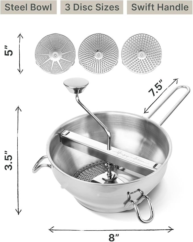 Hungry Artisan Stainless Steel Food Mill for Tomato Sauce & Canning | 3 interchangeable discs, ergonomic rotary hand crank; for applesauce, baby food, mashed potatoes & purees