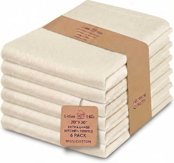 Urban Villa Kitchen Towels Cotton Dish Towels 20”x30” (Set of 6) Ivory