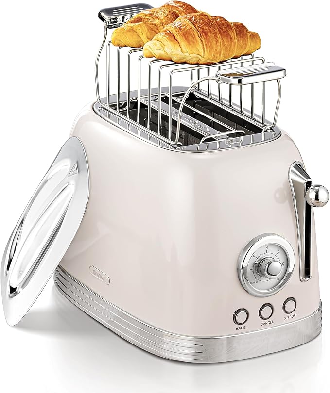 Wiltal Beige Cute Retro Toaster 2 Slice with 1.58" Wide Slots, Bread toaster with Cover and Warm Rack, Stainless Steel Toasters with Removable Crumb Tray, Preheat, Defrost, Cancel Function (Cream)