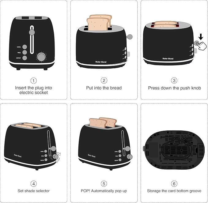 Roter Mond 2 Slice Toaster Retro Stainless Steel with Bagel, Cancel, and Defrost Functions, 6 Bread Shade Settings, Extra Wide Slots and Removable Crumb Tray, Black