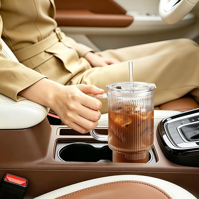 Iced Coffee Cups with Lids: Coffee Bar Accessories - Ribbed Glass Tumbler with Straw and Lid 4 Pack - 24oz Tumbler Leak Proof - Glass Cups Tumbler with Lid and Straws - Coffee Tumbler with Handle700ml