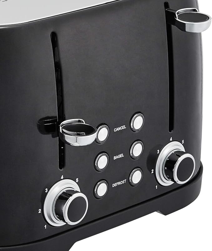 Amazon Basics 4 Slice Toaster with 4 Slots, 6 Browning Settings, Defrost, Removable Crumb Tray, Bagel Function, Cancel Button, 1600W, Black